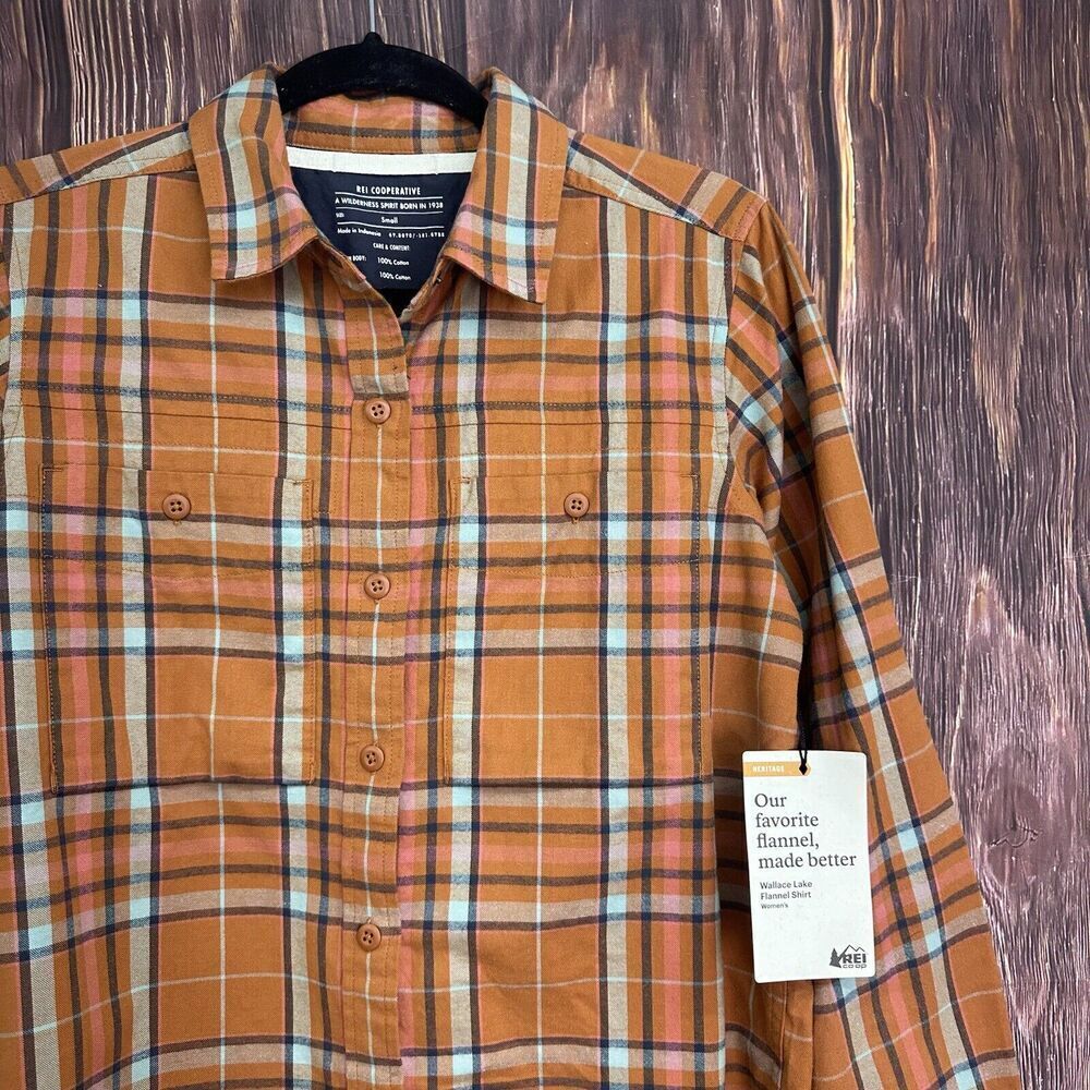 REI Co-op Wallace Lake Orange Plaid Flannel Shirt Womens Small S NWT